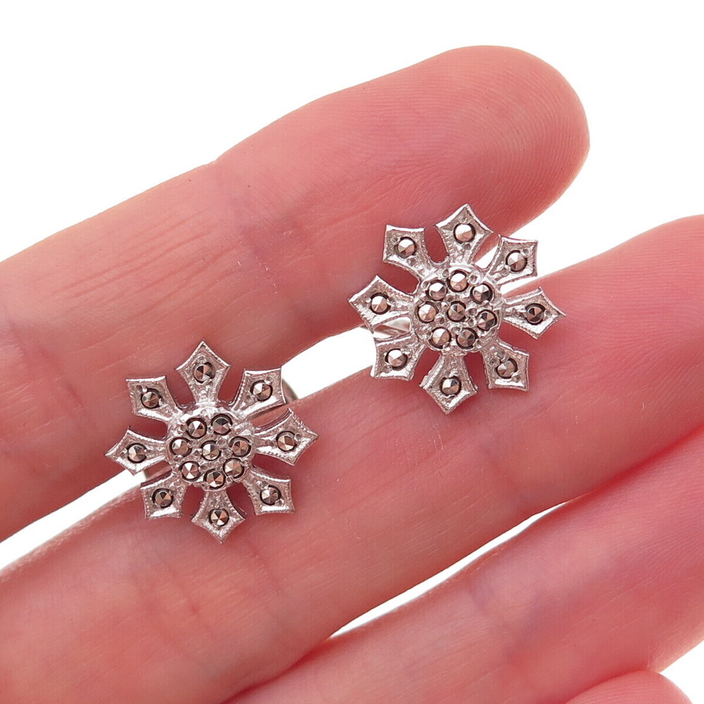 925 Sterling Silver Antique Art Deco Real Marcasite Floral Cufflinks